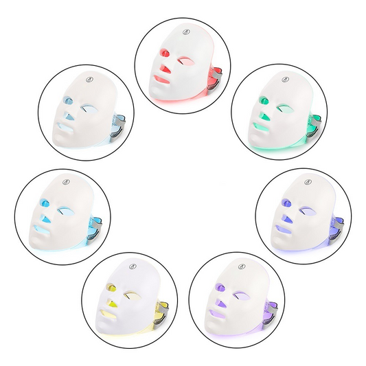 LED light therapy face mask with adjustable side clips, shown on a white mask base
