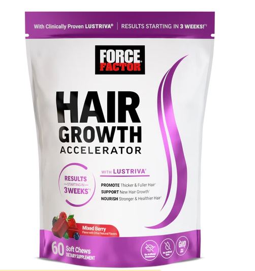 Hair growth soft chew pouch, purple-and-white front label with Force Factor logo