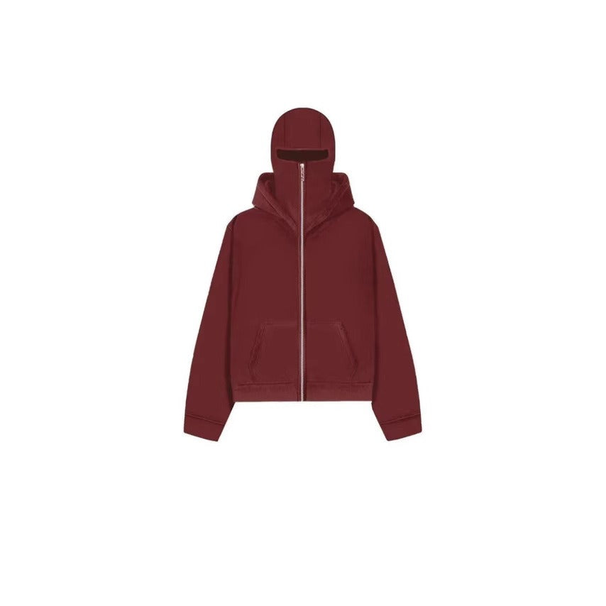 Men's hooded zip-up baseball jacket in wine red, front zip and hood