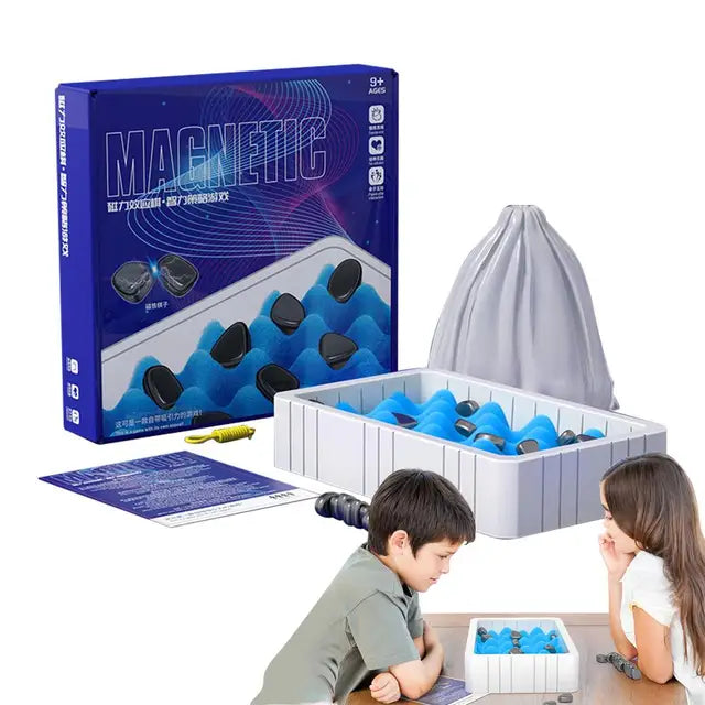 Magnetic chess travel set with blue pieces in tray, purple mat, and gray bag