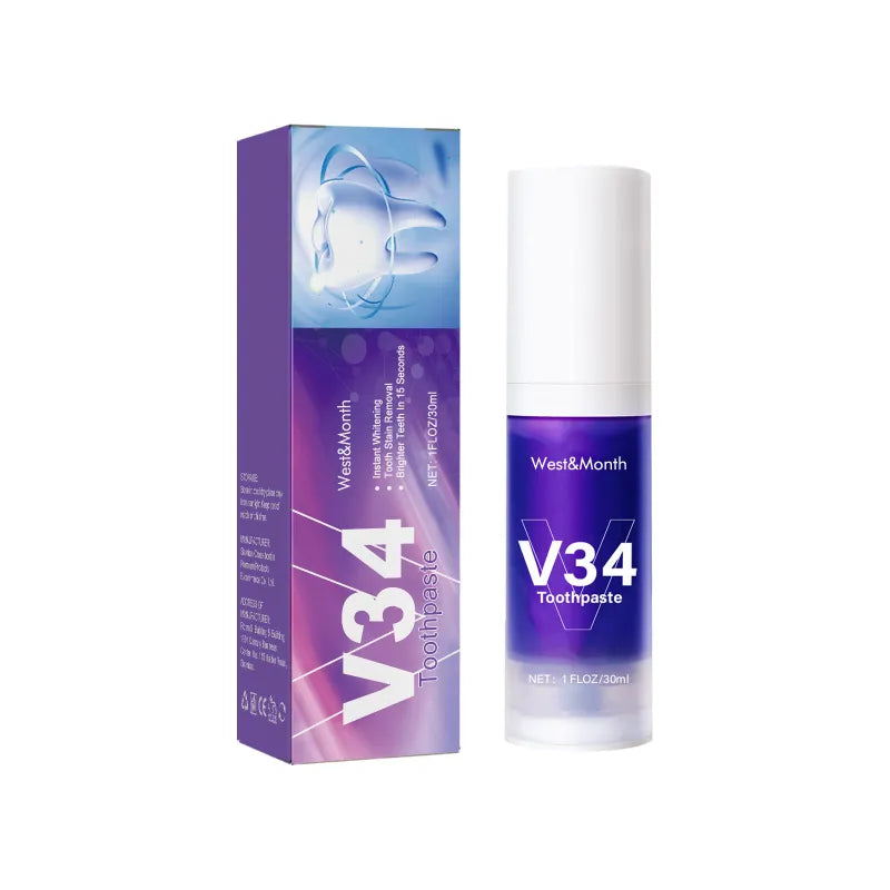 V34 toothpaste mousse box and West&Month bottle with purple label