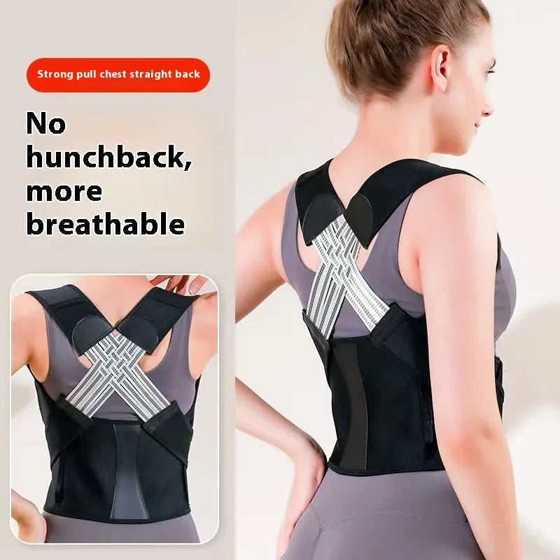 Black posture corrector brace shown from back with crisscross strap detail