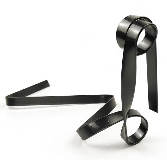 Black floating iron ribbon wine rack with circular loops and two vertical bands