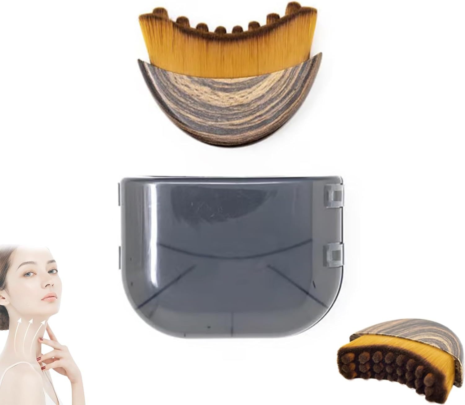 Curved wooden bristle facial massage brush with gray storage case