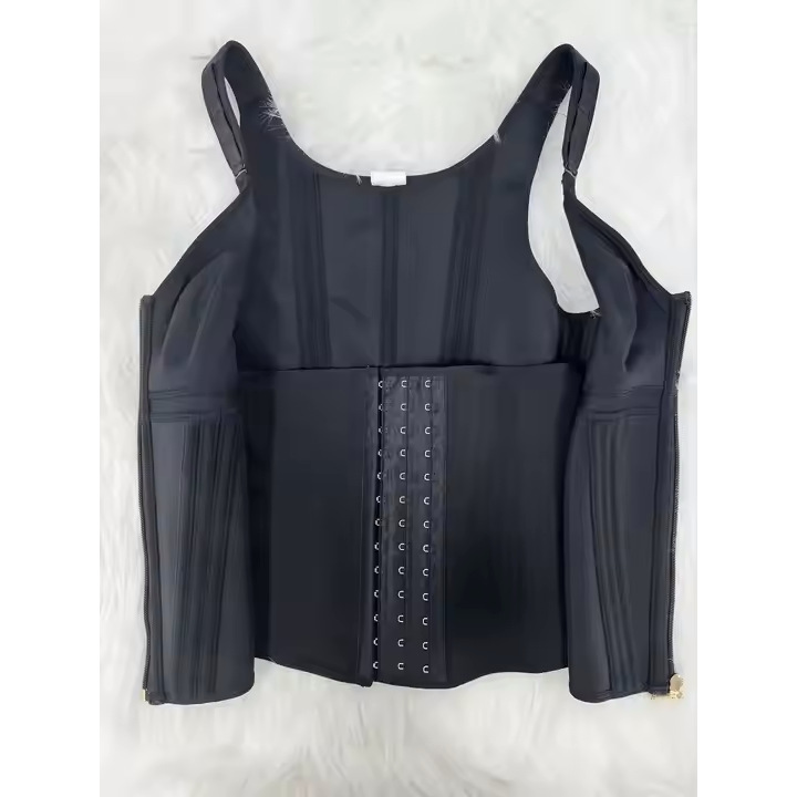 Black mesh waist corset back view with hook-and-eye closure and wide adjustable straps