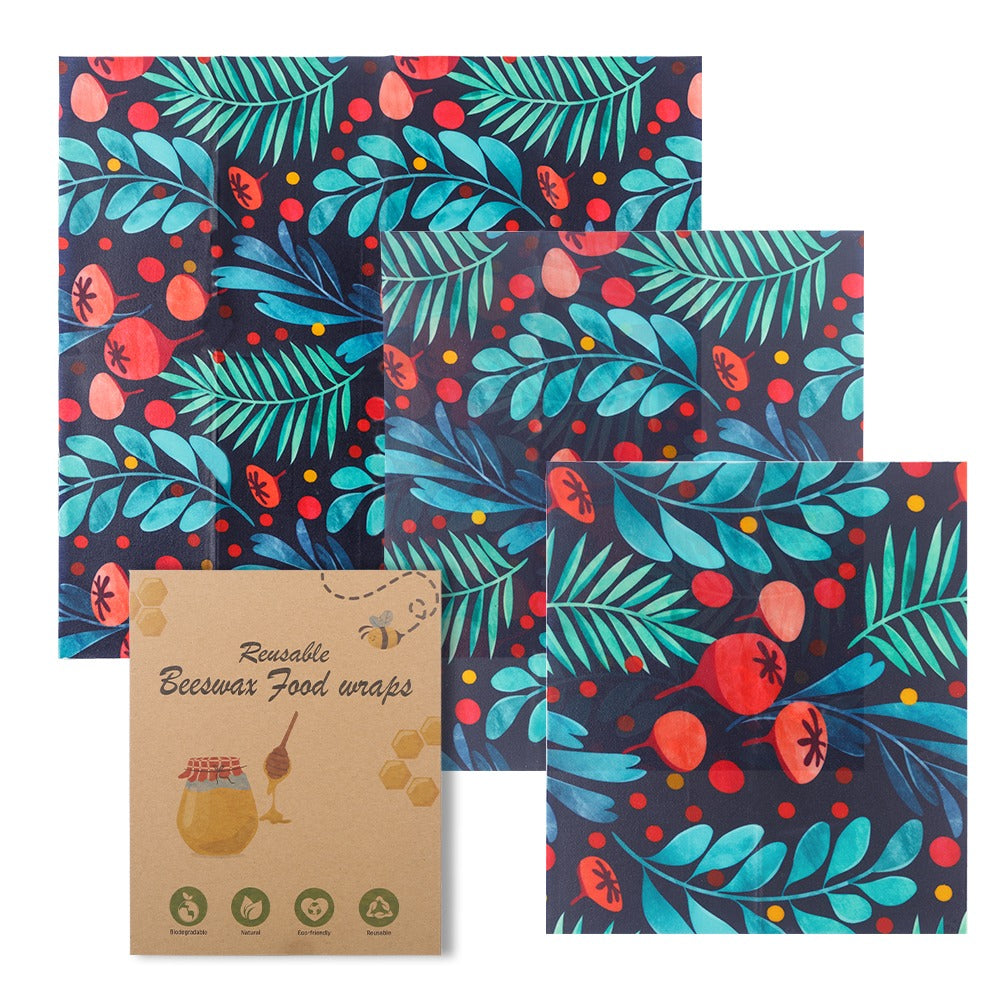 Beeswax food wrap set with berries and leaves pattern, pack of three