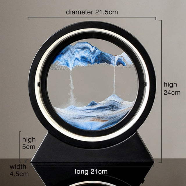 Sand art landscape table lamp with glowing ring, blue sand river and peak landscape