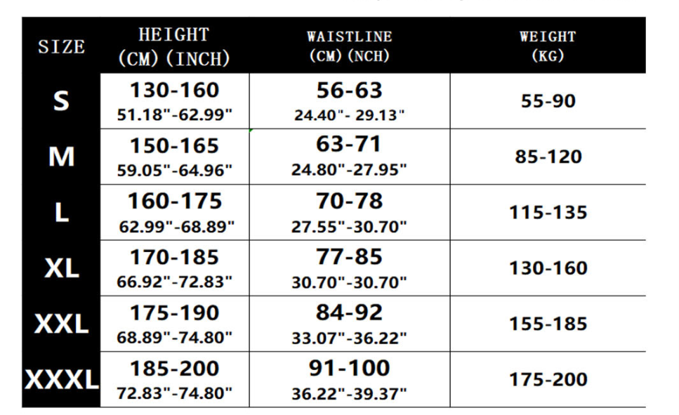 Size chart for unisex posture corrector back brace with height, waist, and weight ranges