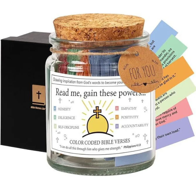 Glass scripture jar with cork lid, 'FOR YOU' tag, 'Read me, gain these powers' cards.