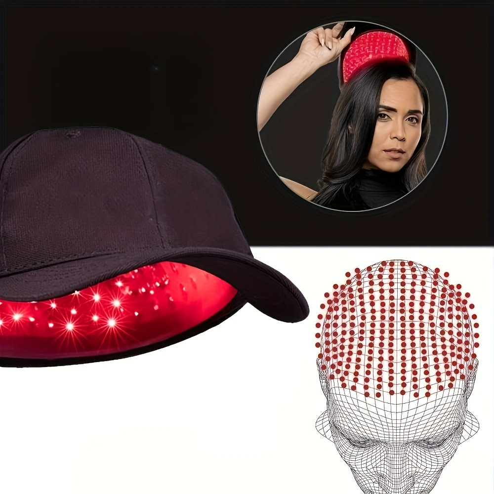 Black LED scalp cap with red light panel, side adjustment patch, curved brim.