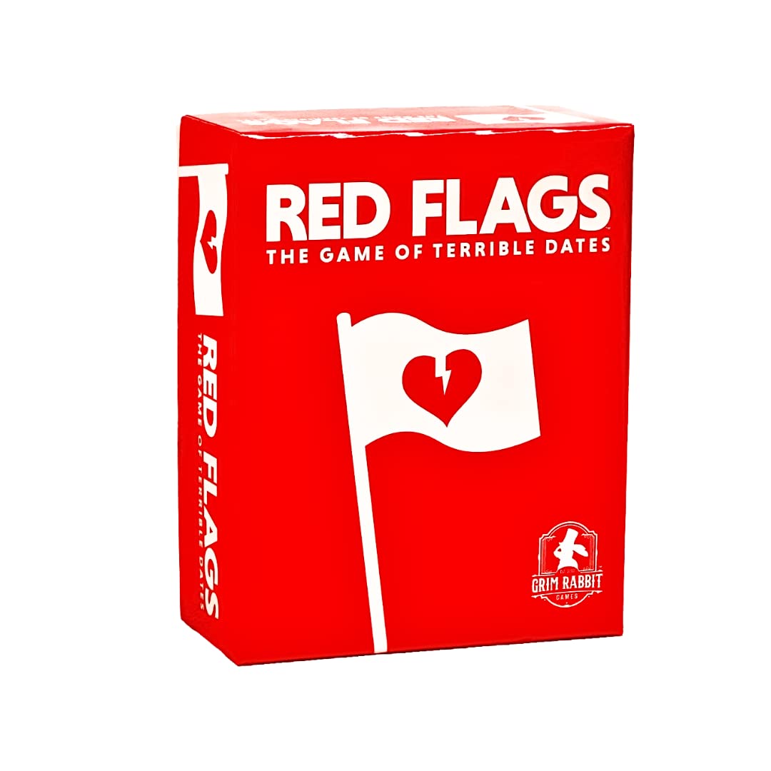 Red party card game box with white flag heart icon and 'RED FLAGS' title