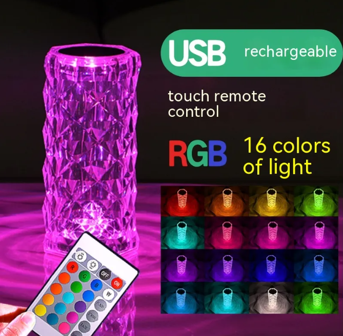 CrystalBloom LED rose lamp with faceted glass cylinder and purple light glow