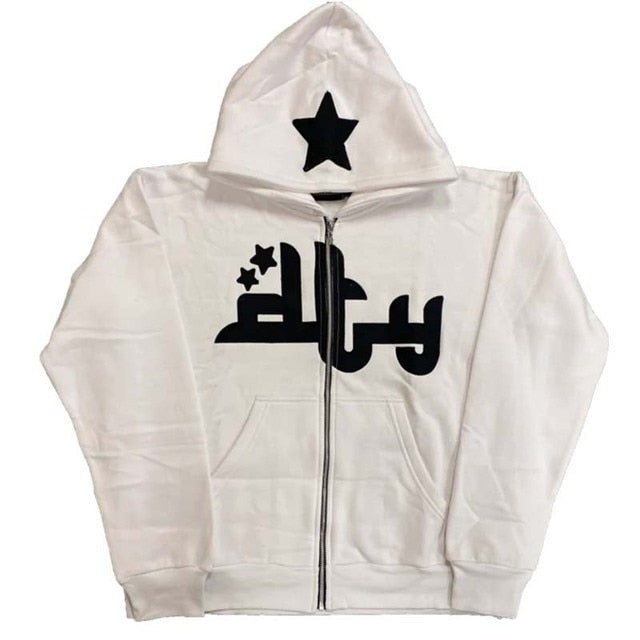 White zip-up hoodie with hood, black star graphic on chest and full-zip front