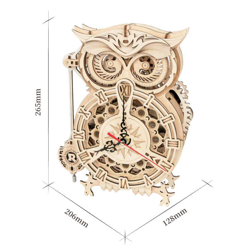 Light wood owl clock kit model with roman numerals and visible gearworks