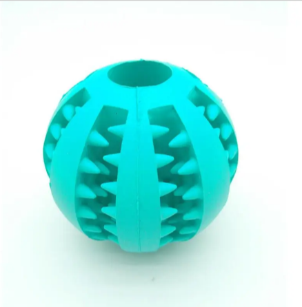 Light blue rubber treat-dispensing slow feeder dog ball with central divider and spike ridges