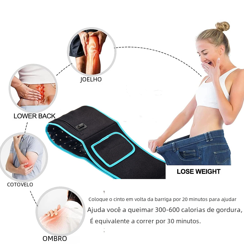 Infrared therapy waist belt worn on lower back, black with blue-trim control window