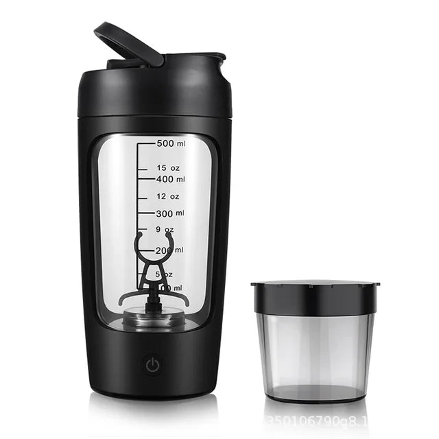 Black electric portable protein shaker bottle with clear measurement window and cup