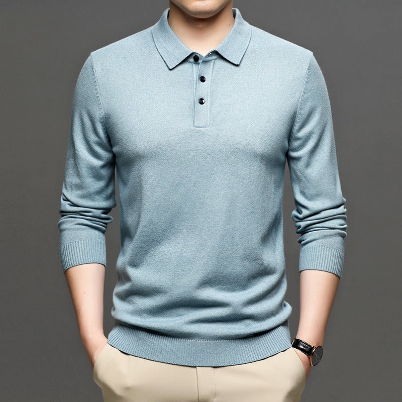 Men's lapel knit pullover sweater, light blue polo collar with button placket