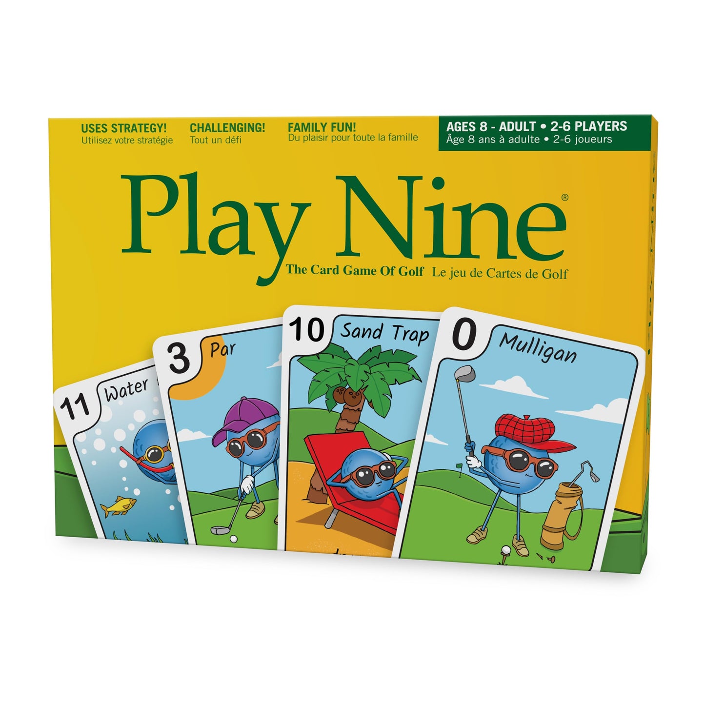 Play Nine golf card game box showing Sand Trap, Mulligan, and other card faces