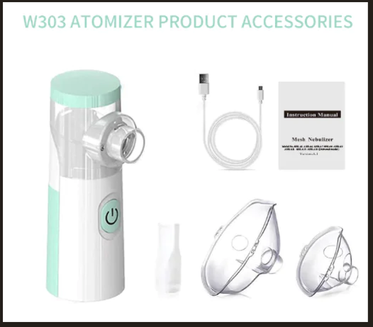 White mesh nebulizer kit with mint cap, masks, USB cable, and instruction manual.