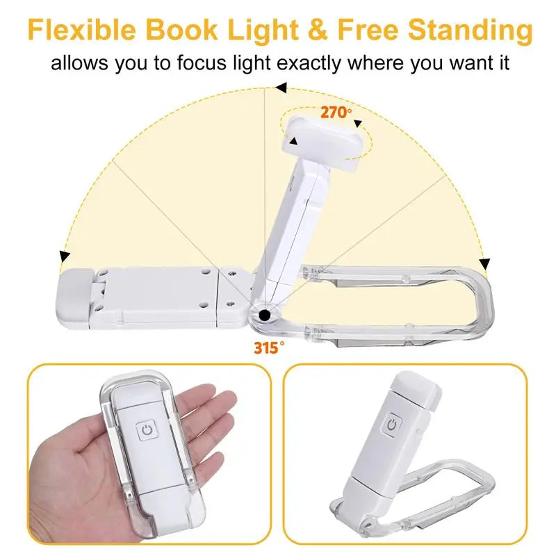 Flexible clip-on LED book light with adjustable head and clear clamp