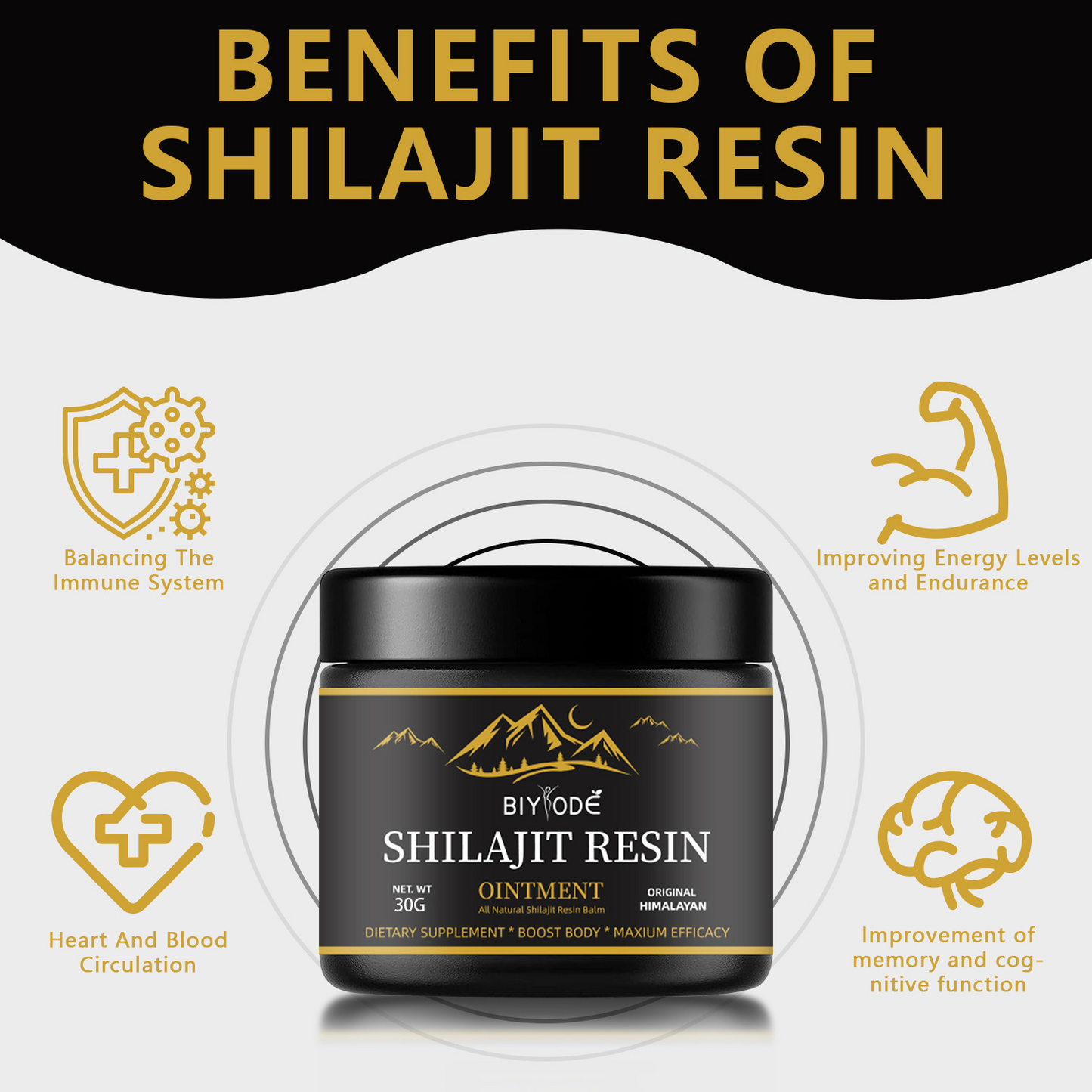 Shilajit resin ointment jar, black container with gold band and BY ODE branding