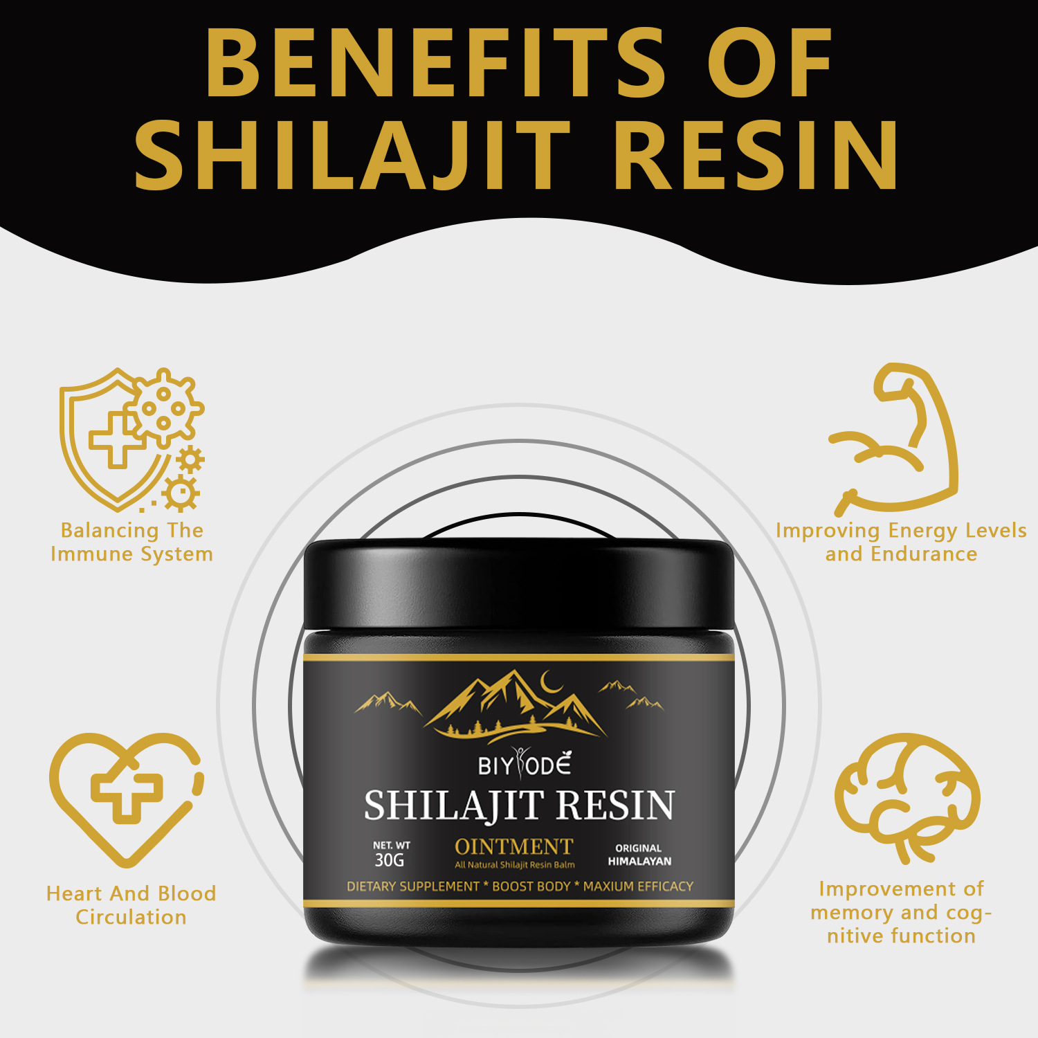 Shilajit resin ointment jar, black container with gold band and BY ODE branding