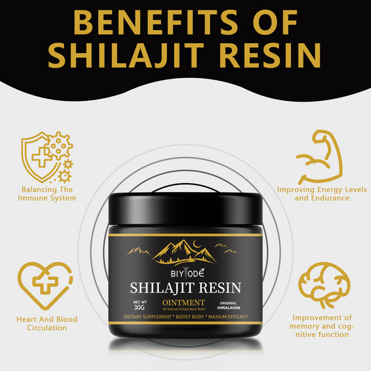 Shilajit resin ointment jar, black container with gold band and BY ODE branding