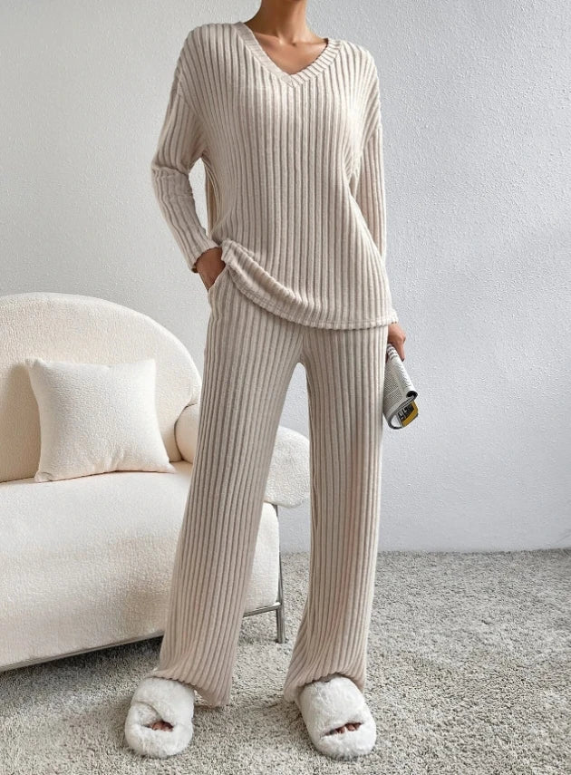 Women’s 2-piece loungewear set in taupe ribbed knit, V-neck top with wide-leg pants