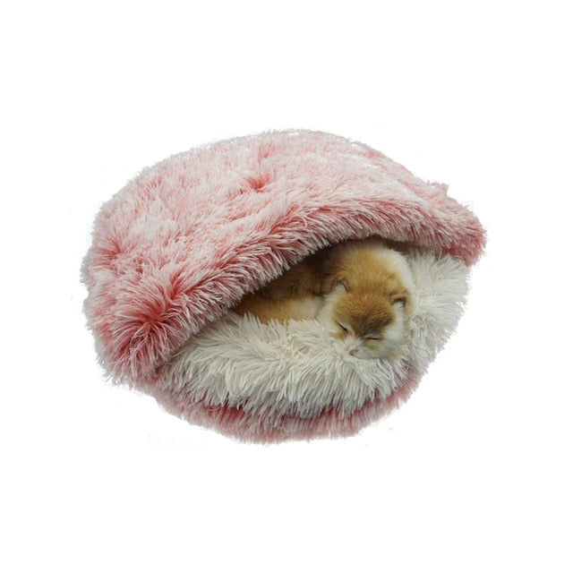 Pink plush pet tunnel bed with raised rim