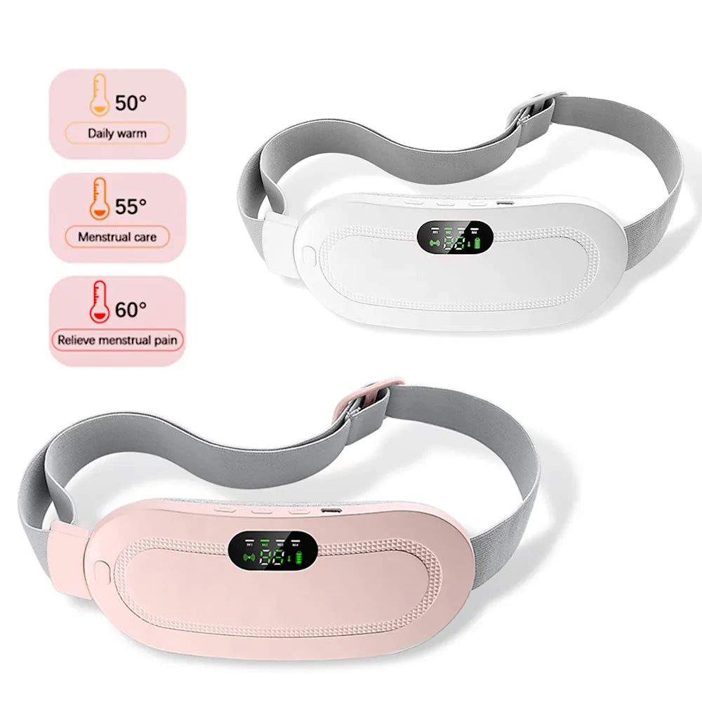 White electric heating belt with gray strap and built-in control panel on front heating pad