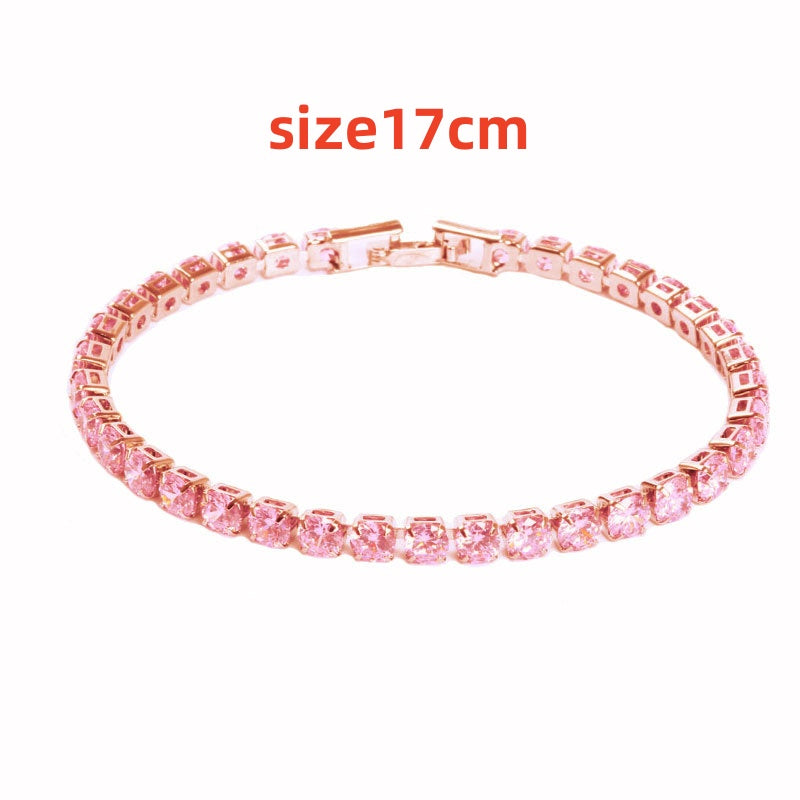 Rose-toned tennis bracelet with square-cut pink zircon stones, 17 cm