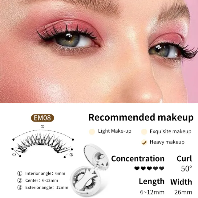 Magnetic false eyelashes set diagram for EM08 style with open case and single lash band