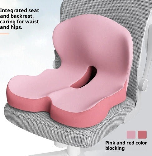 Memory foam backrest cushion, pink and red color blocking on office chair