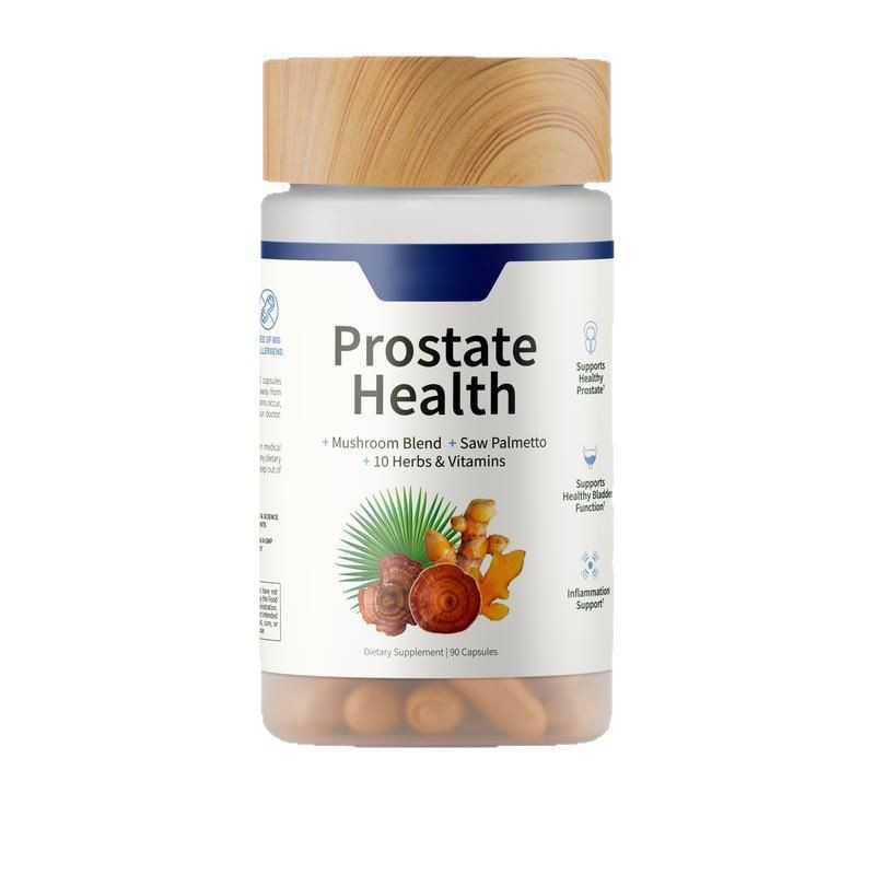 Prostate Health supplement bottle with wood cap and blue-and-white front label