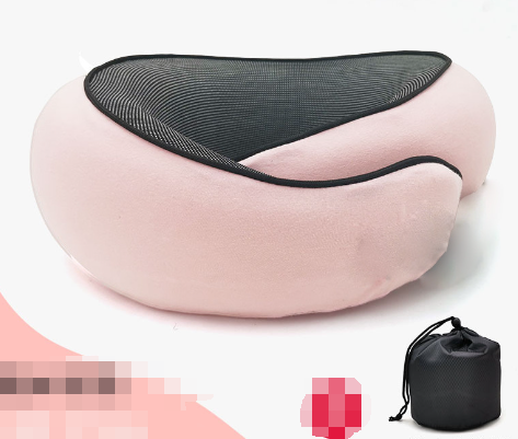 Pink ergonomic travel neck pillow with contoured support and dark mesh top band