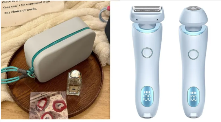 Electric duo body shaver set in light blue, with two shavers and a teal zip case