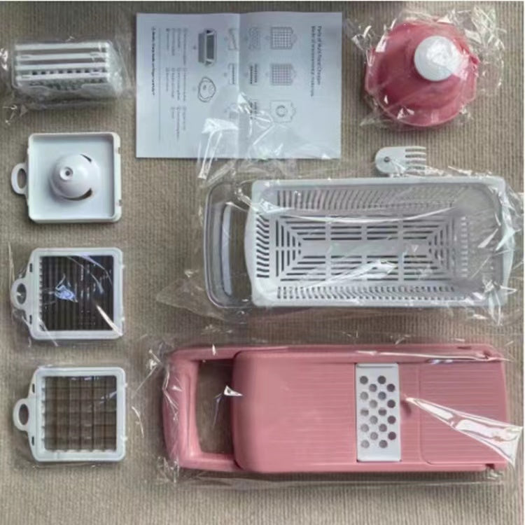 Vegetable chopper and dicer accessories in packaging, including trays and blade inserts