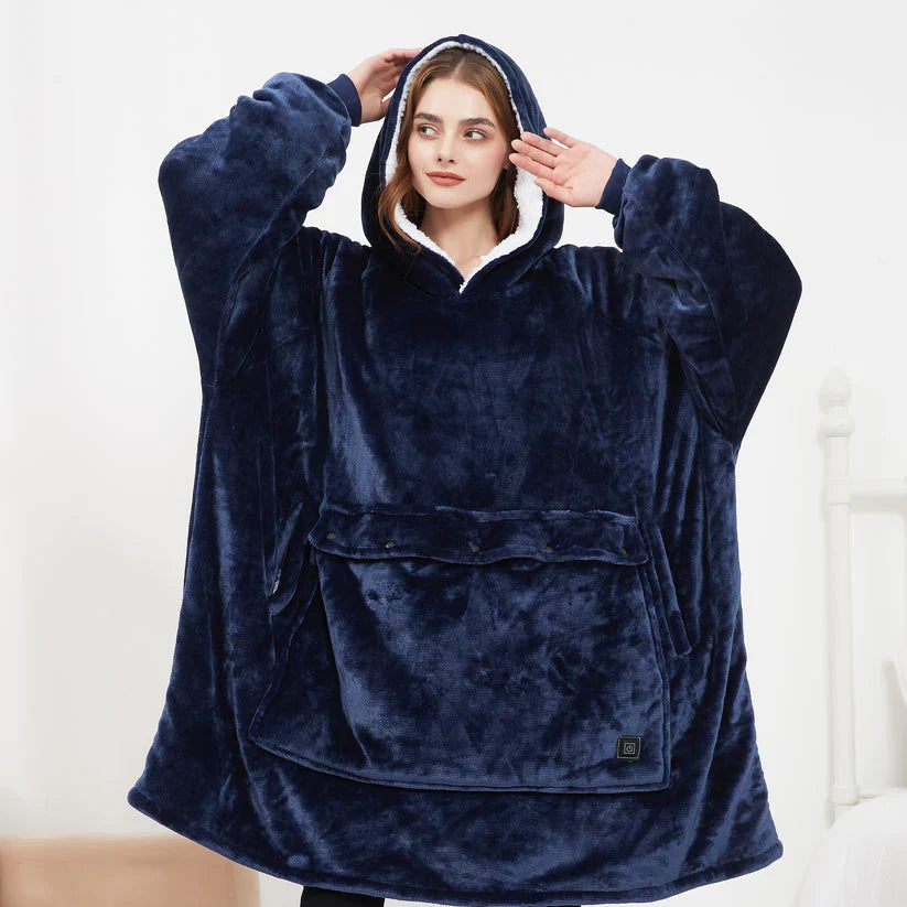 Dark navy hooded wearable blanket with plush texture and front kangaroo pocket