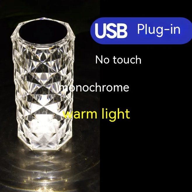 Clear silver faceted crystal rose LED night light, warm monochrome glow