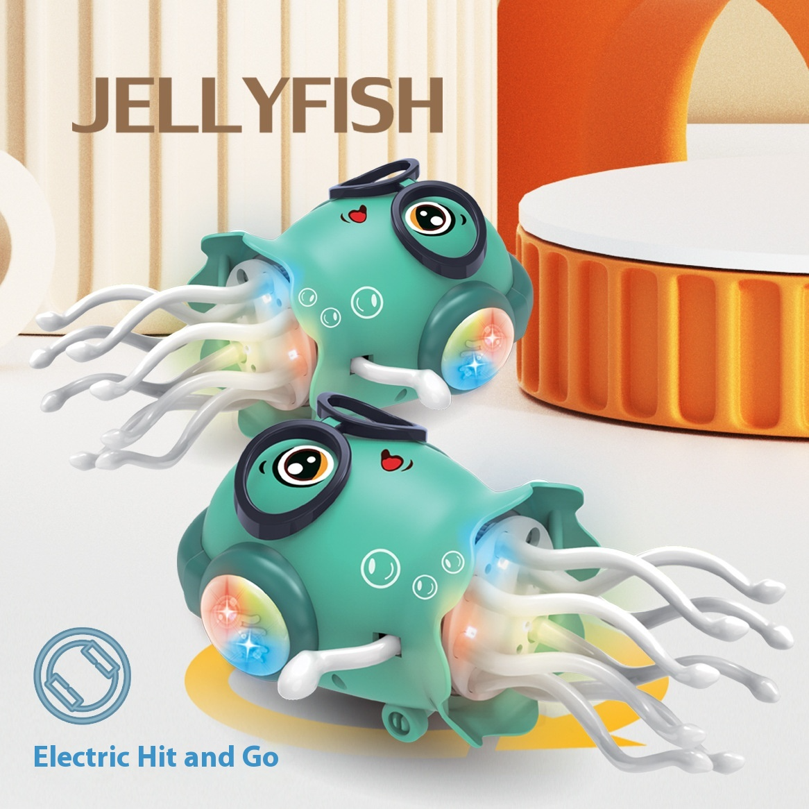 Teal dancing jellyfish toy with over-ear headphones and glowing light effects.