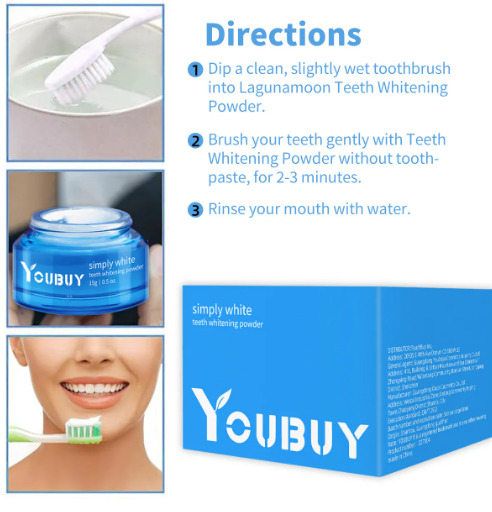 YouBUY simply white teeth whitening powder directions panel with jar, toothbrush, and box