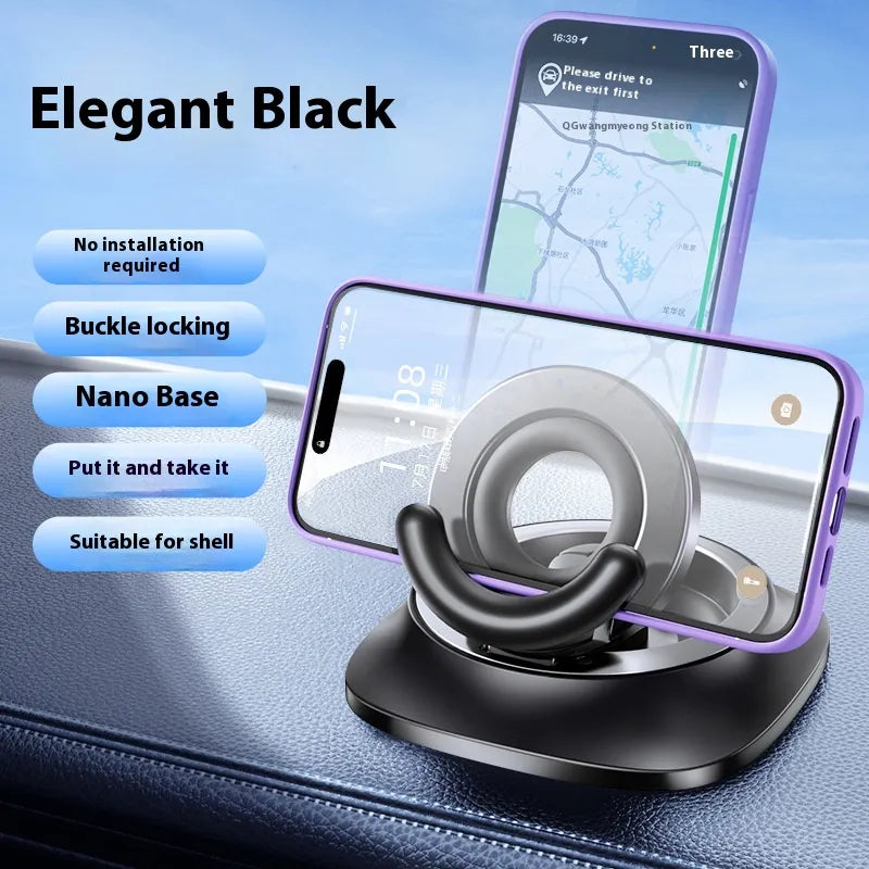 Black magnetic car phone mount with adjustable ring and dashboard grip base