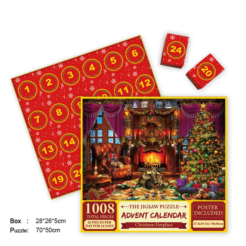 Jigsaw advent calendar puzzle set with red numbered board and decorated fireplace stage box