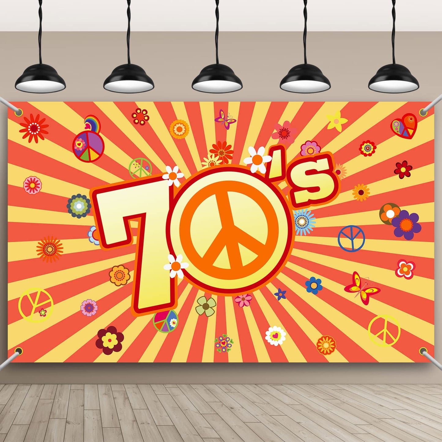 Hippie photo backdrop with peace sign, daisies, red-and-yellow rays, and the number 5