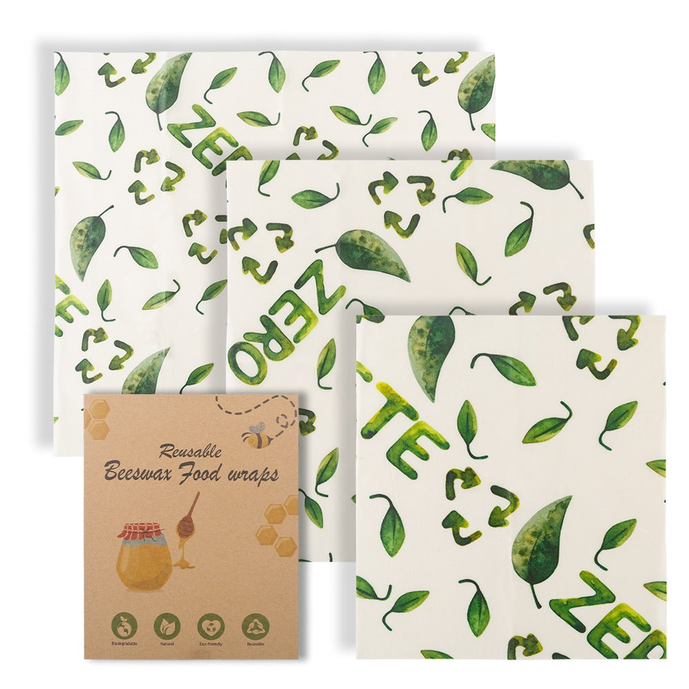 Beeswax food wrap set with green leaf pattern, pack of three