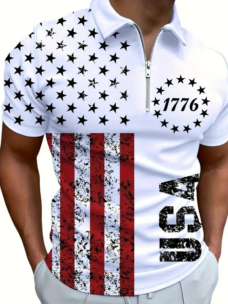 White zip-up polo shirt with star-spangled 1776 and red vertical stripe print