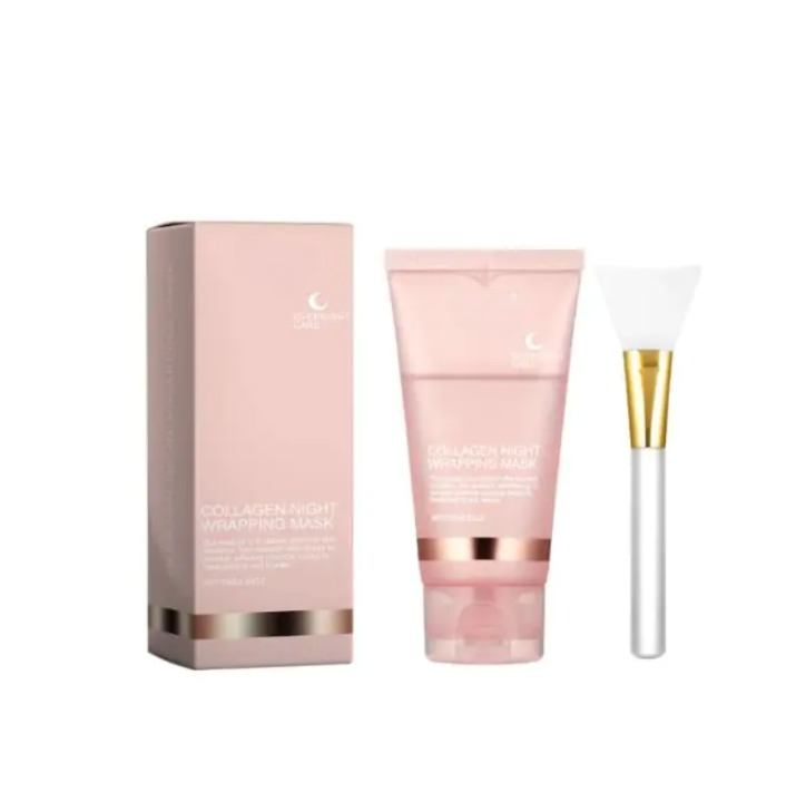 Collagen night wrapping mask box, pink tube, and white applicator brush with gold tip