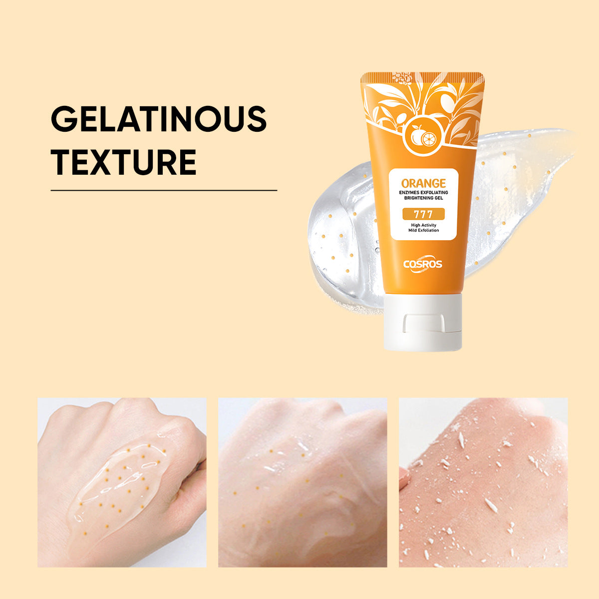Orange exfoliating gel texture on skin, gel smear with small dots next to tube