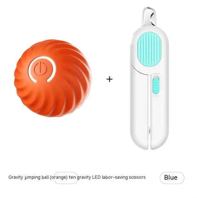 Interactive dog ball toy set: orange ribbed ball plus white self-moving device with teal insert